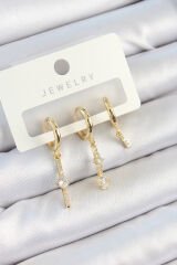 Pirinç Zirkon Taşlı Sallantılı Model Gold Renk 3'lü Çift Kadın Küpe Set