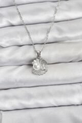 316L Çelik Zincir Gümüş Renk İstiridye İnci Model Zirkon Taşlı Kadın Kolye