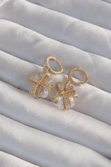 Pirinç Gold Renk İri Zirkon Taşlı Fiyonk Model Halka Küpe