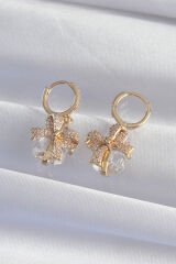 Pirinç Gold Renk İri Zirkon Taşlı Fiyonk Model Halka Küpe