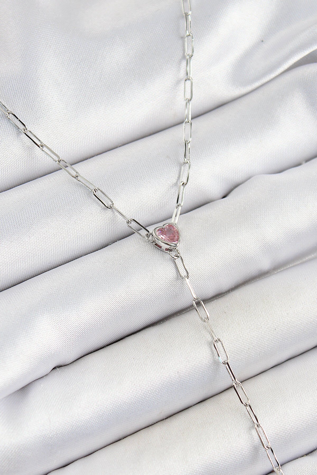 Pirinç Zirkon Taşlı Pembe Kalp Figürlü Y Model Gümüş Renk Kadın Kolye