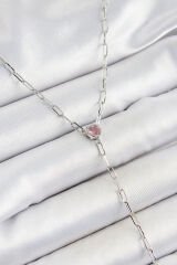 Pirinç Zirkon Taşlı Pembe Kalp Figürlü Y Model Gümüş Renk Kadın Kolye