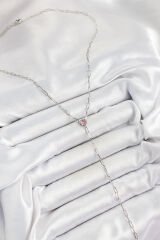 Pirinç Zirkon Taşlı Pembe Kalp Figürlü Y Model Gümüş Renk Kadın Kolye