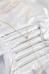 Pirinç Zirkon Taşlı Pembe Kalp Figürlü Y Model Gold Renk Kadın Kolye