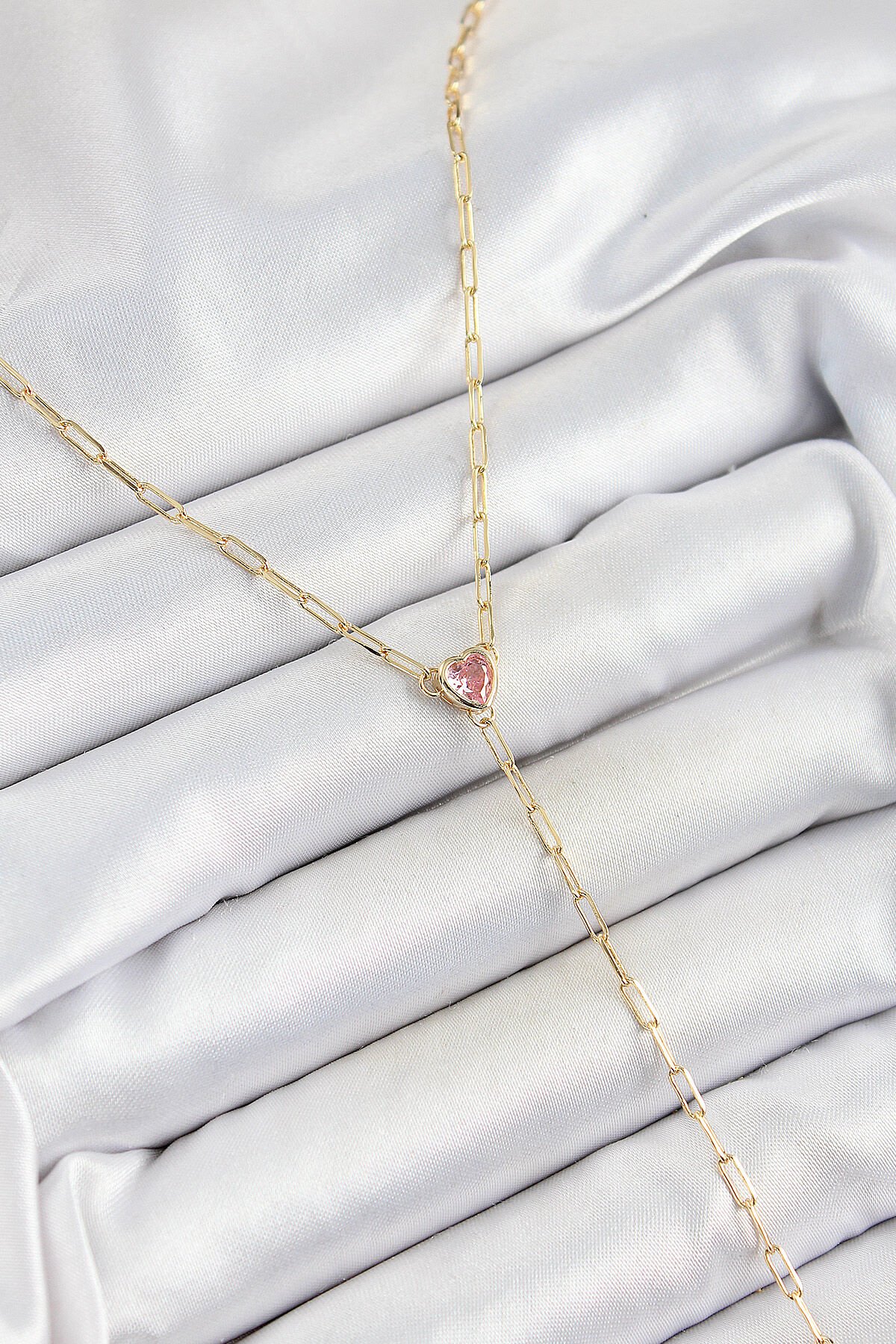 Pirinç Zirkon Taşlı Pembe Kalp Figürlü Y Model Gold Renk Kadın Kolye