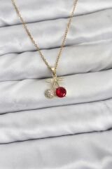 316L Çelik Zincir Gold Renk Kiraz Model Zirkon Taşlı Kadın Kolye