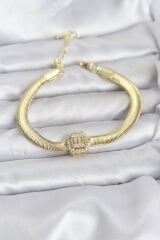 316L Çelik Gold Renk Baget Zirkon Taşlı Yılan Zincirli Kadın Bileklik