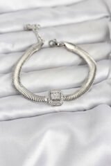 316L Çelik Gümüş Renk Baget Zirkon Taşlı Yılan Zincirli Kadın Bileklik