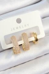 Pirinç Zirkon Taşlı Damla Model Gold Renk 3'lü Çift Kadın Küpe Set