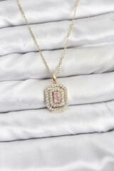 316L Çelik Zincir Gold Renk Plaka Model Zirkon Taşlı Kadın Kolye