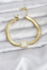 316L Çelik Gold Renk Beyaz Yonca Model Zirkon Taşlı Yılan Zincirli Kadın Bileklik
