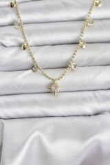 Zirkon Taşlı Kutup Yıldızı Model Pirinç Gold Renk Kadın Kolye