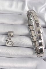 316L Çelik Gümüş Renk Sallantı Beyaz Kuğu Model Nomination Charm