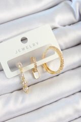 Pirinç Zirkon Taşlı Sallantılı Model Gold Renk 3'lü Çift Kadın Küpe Set