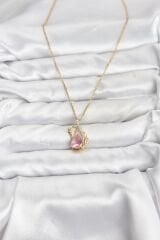 316L Çelik Zincir Gold Renk Pembe Kuğu Model Zirkon Taşlı Kadın Kolye