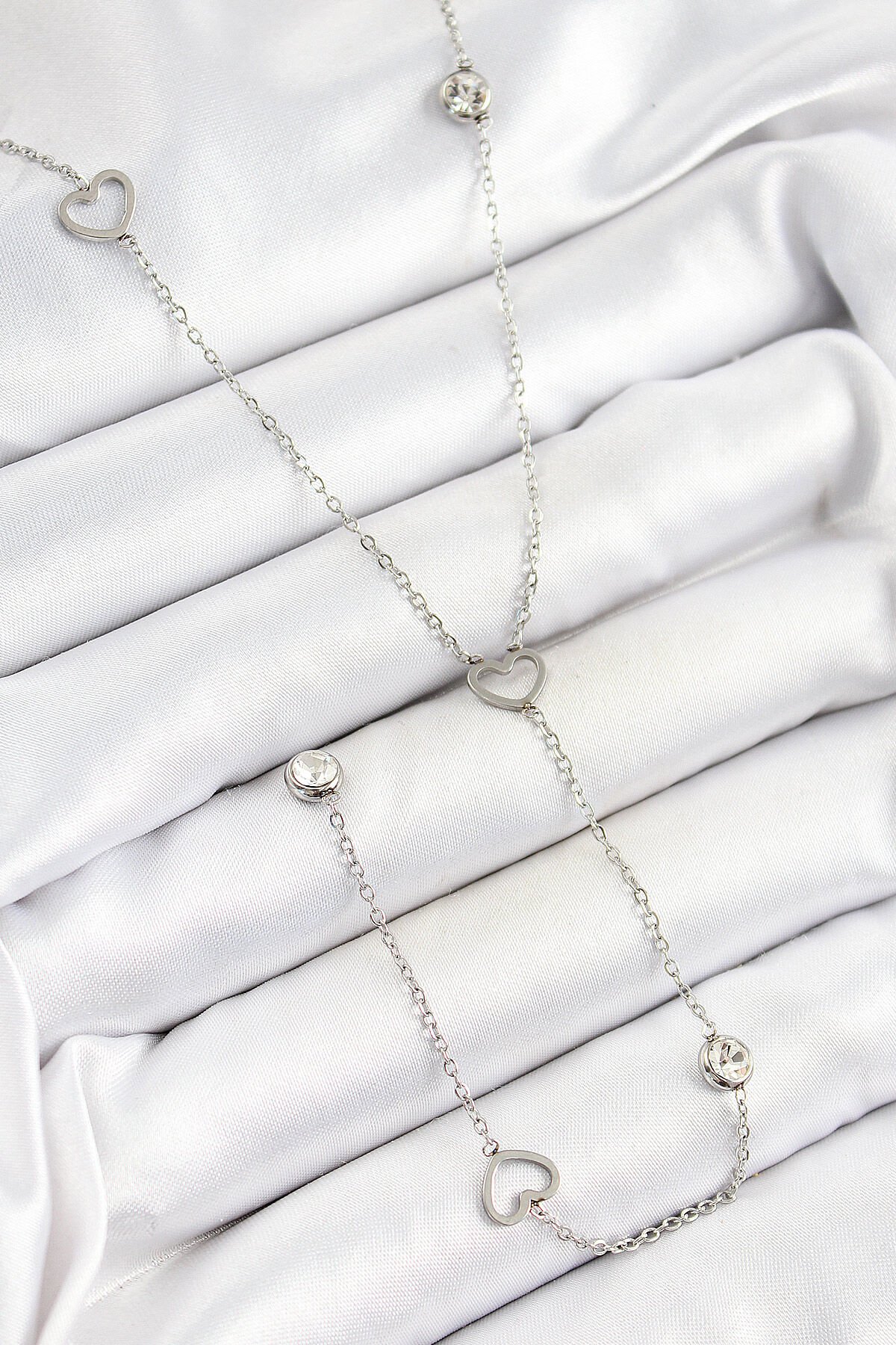 316L Çelik Zirkon Taşlı Kalp Figürlü Y Model Gümüş Renk Kadın Kolye