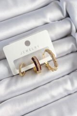 Pirinç Zirkon Taşlı Bordo Halka Model Gold Renk 3'lü Çift Kadın Küpe Set
