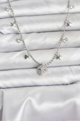 Pirinç Gümüş Renk Zirkon Taşlı Kutup Yıldızı Model Kadın Kolye