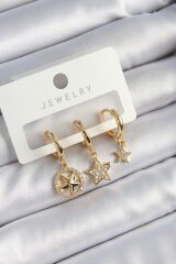Pirinç Zirkon Taşlı Yıldız Model Gold Renk 3'lü Çift Kadın Küpe Set