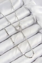 Pirinç Zirkon Taşlı Ezme Zincirli Kalp Model Gümüş Renk Y Kolye