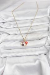 316L Çelik Zincir Gold Renk Çiçekli Kedili Model Kadın Kolye