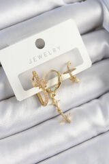 Pirinç Zirkon Taşlı Yıldız Model Gold Renk 3'lü Çift Kadın Küpe Set