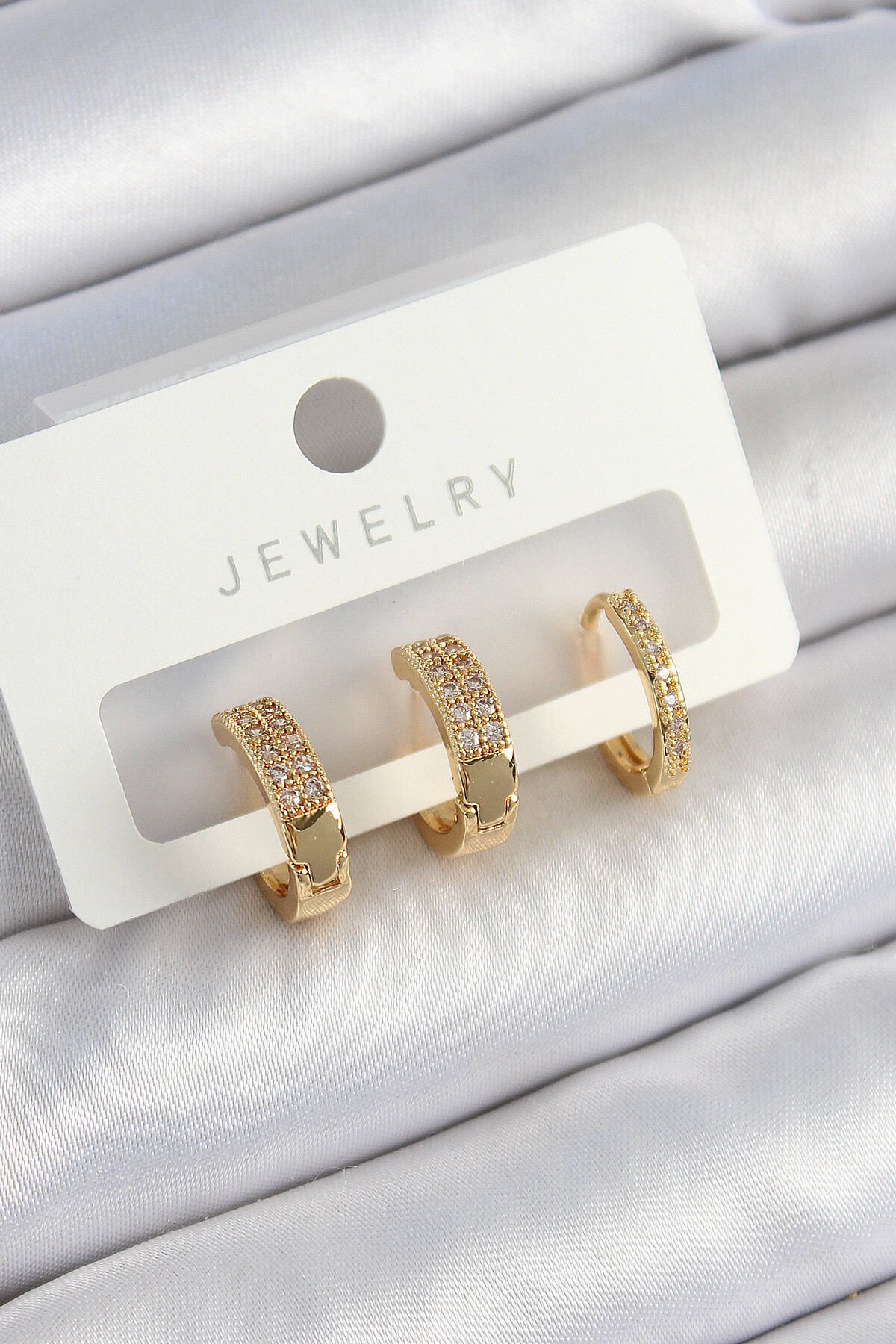 Pirinç Zirkon Taşlı Halka Model Gold Renk 3'lü Çift Kadın Küpe Set