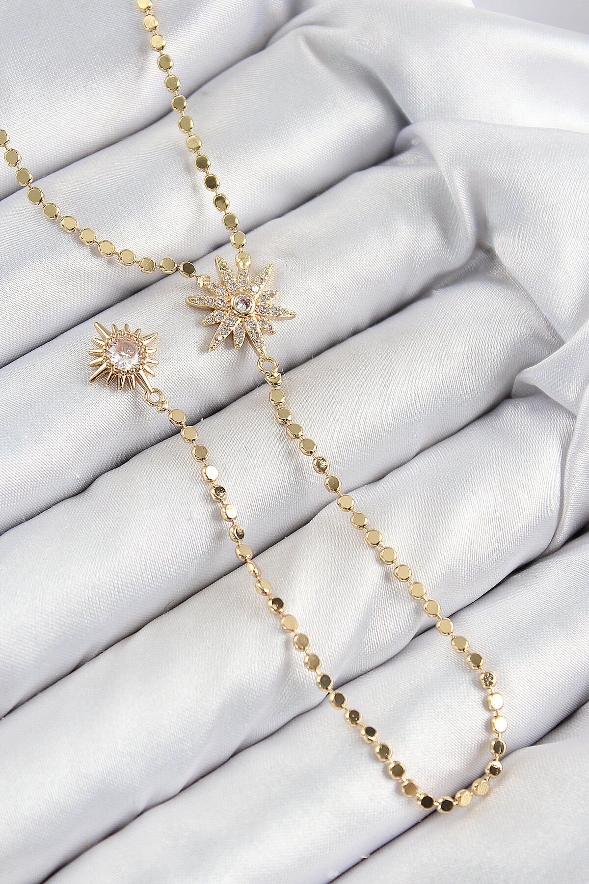 Pirinç Zirkon Taşlı Ezme Zincirli Kutup Yıldızı Model Gold Renk Y Kolye