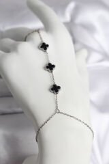 316L Çelik Gümüş Renk Siyah Yonca Model Kadın Şahmeran