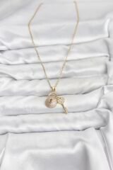 316L Çelik Zincir Gold Renk Kilit Anahtar Model Zirkon Taşlı Kadın Kolye