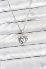 316L Çelik Zincir Gümüş Renk Kalp Model Zirkon Taşlı Kadın Kolye
