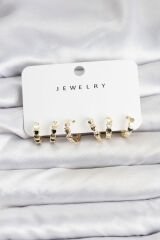 Gold Renk Pirinç Minimal Kalp Detaylı Kadın Küpe Seti