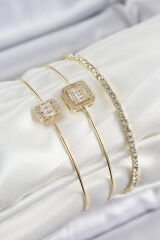 Pirinç Zirkon Taşlı Baget Model Gold Renk Vip 3'lü Kadın Bileklik