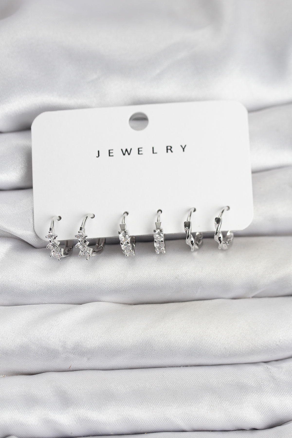 Pirinç Gümüş Renk Zirkon Taşlı Kadın Küpe Seti