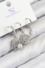 Pirinç Zirkon Taşlı 3'lü Yunus Balığı Ve İstiridye Model Gümüş Renk Kadın Küpe