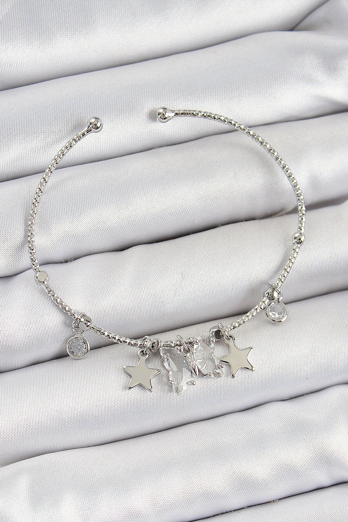 Pirinç Zirkon Taşlı Kelebek Ve Yıldız Model Gümüş Renk Charm Bileklik