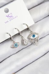 Pirinç Zirkon Taşlı 3'lü Fatma'nın Gözü Model Gümüş Renk Kadın Küpe