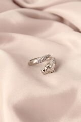 Gümüş Renk Metal Zirkon Taşlı Kaplan Model Ayarlanabilir Kadın Yüzük