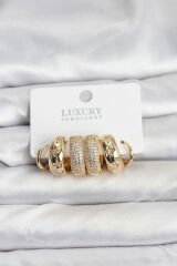 Zirkon Taşlı Pirinç Gold Renk Halka Kadın Küpe Seti