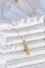 316L Çelik Zincir Gold Renk Zirkon Taşlı Balık Figürlü Kolye