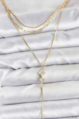 Pirinç Gold Renk Zirkon Taş Detaylı 3'lü Kombin Y Kadın Kolye