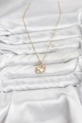 316L Çelik Zincir Gold Renk Pembe Taş Detaylı Çelenk Model Kadın Kolye