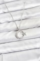 316L Çelik Zincir Gümüş Renk Ay Yıldız Model Zirkon Taşlı Kadın Kolye