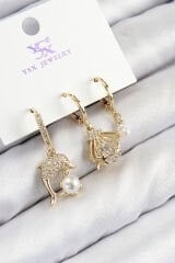 Pirinç Zirkon Taşlı 3'lü Yunus Balığı Ve İstiridye Model Gold Renk Kadın Küpe
