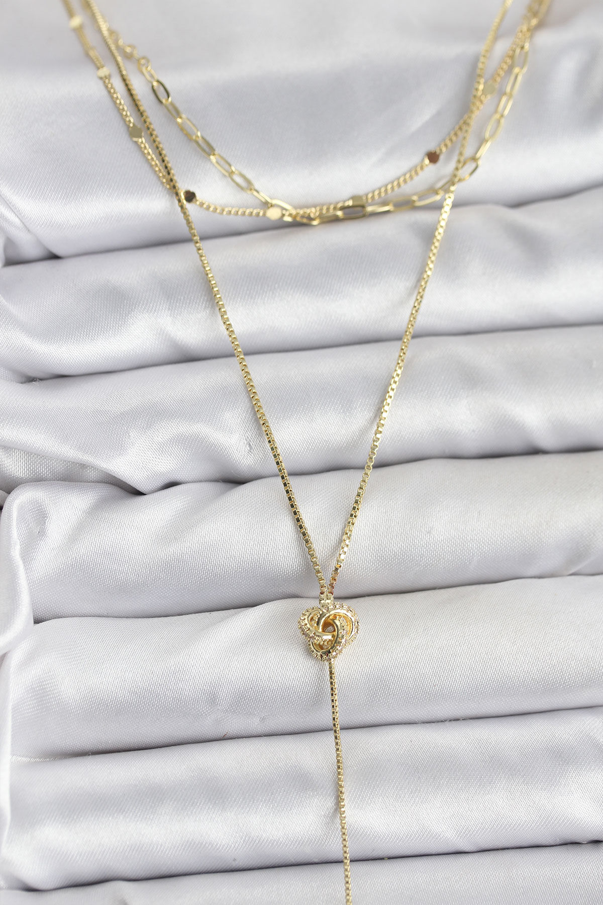 Pirinç Gold Renk Düğüm Model Detaylı 3'lü Kombin Y Kadın Kolye