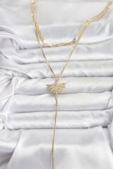 Pirinç Gold Renk Zirkon Taşlı Yelpaze Model Detaylı 3'lü Kombin Y Kadın Kolye