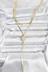 Pirinç Gold Renk Zirkon Taşlı Papatya Model Detaylı 3'lü Kombin Y Kadın Kolye