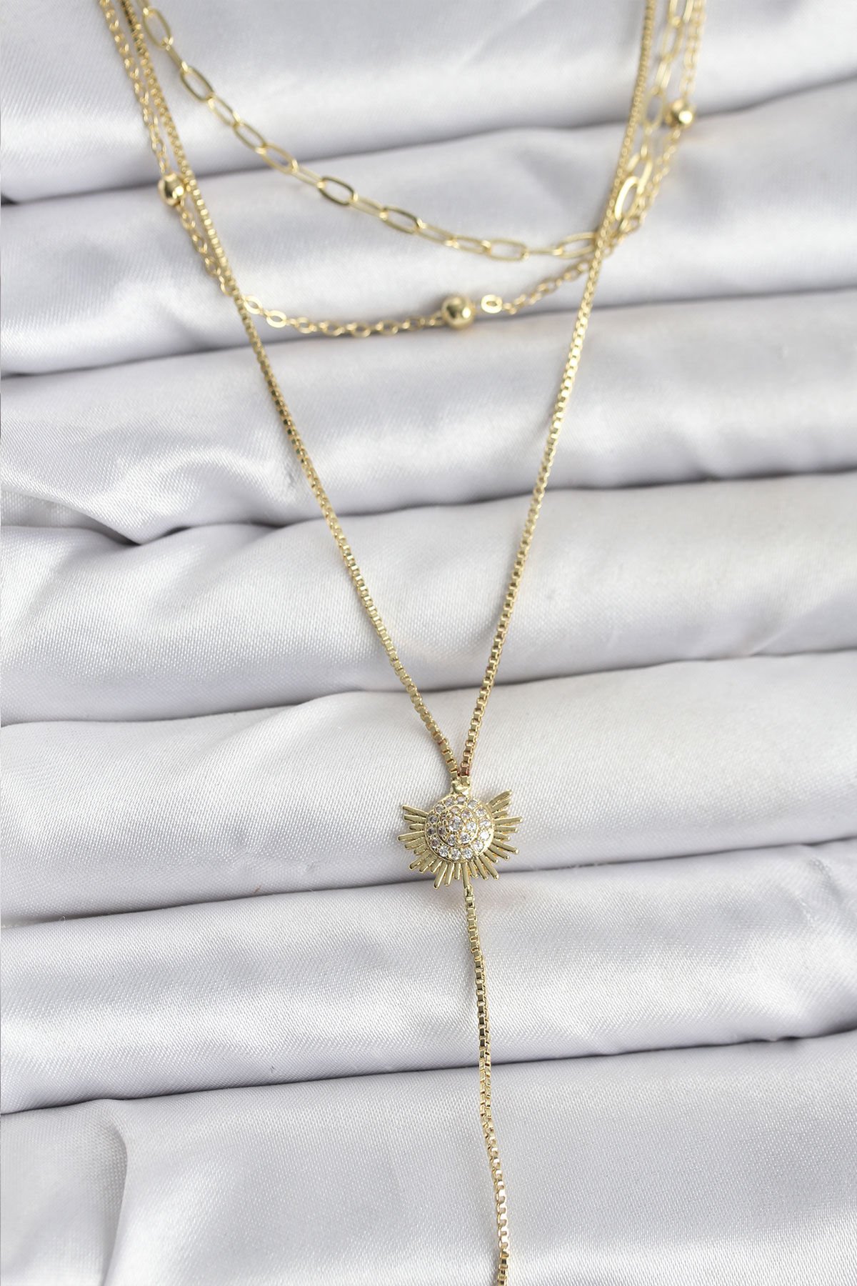 Pirinç Gold Renk Zirkon Taşlı Güneş Model Detaylı 3'lü Kombin Y Kadın Kolye