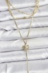 Pirinç Gold Renk Zirkon Taşlı Güneş Model Detaylı 3'lü Kombin Y Kadın Kolye