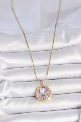 316L Çelik Gold Renk Zincir Mor Çiçek İşlemeli İnci Detay Potre Model Kadın Kolye